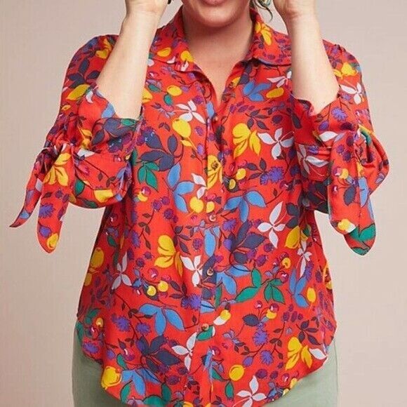 Anthropologie Maeve Blithe Button Shirt Blouse Floral Fruit Print Size 6P Petite - Picture 1 of 5